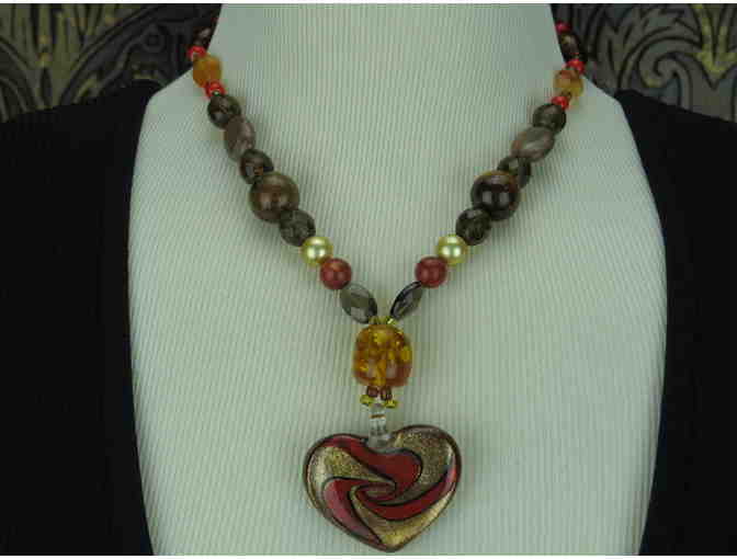 1/KIND Romantic Necklace w/Amber, Coral, Tigers Eye and Art Glass Heart Pendant!