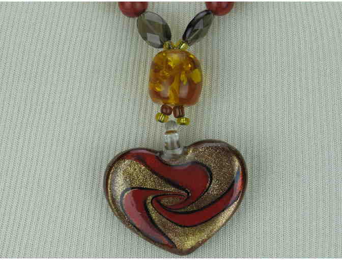 1/KIND Romantic Necklace w/Amber, Coral, Tigers Eye and Art Glass Heart Pendant!