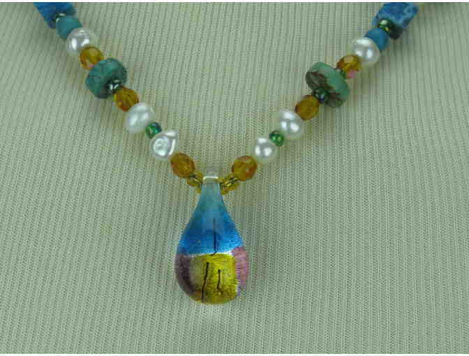 1/KIND Whimsical  necklace w/Pearls and Turquoise/Magnesite beads, Art Glass Drop Pendant!