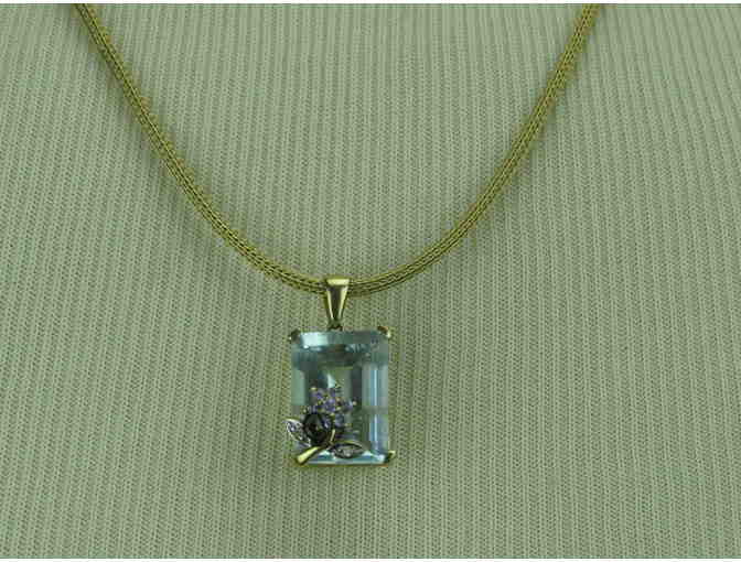 N3:  Precious Aquamarine Slide w/Tanzanite Accent, on 14 kt gold woven necklace