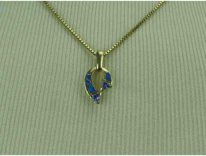 N5:  Inlaid Australian Opal and Tanzanite Horseshoe Pendant on 14 kt fine gold chain