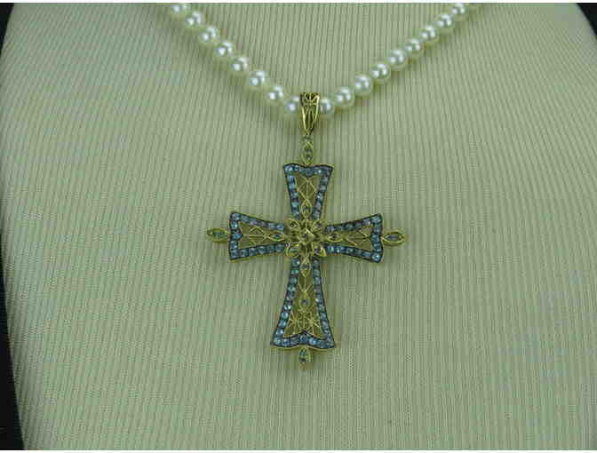 N6:  Exquisite Bold Enhancer Cross w/Blue Topaz, Diamonds, on Pristine White Pearls!