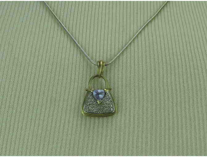 N9: Tanzanite and Diamond Purse Pendant on 14 kt White Gold Necklace