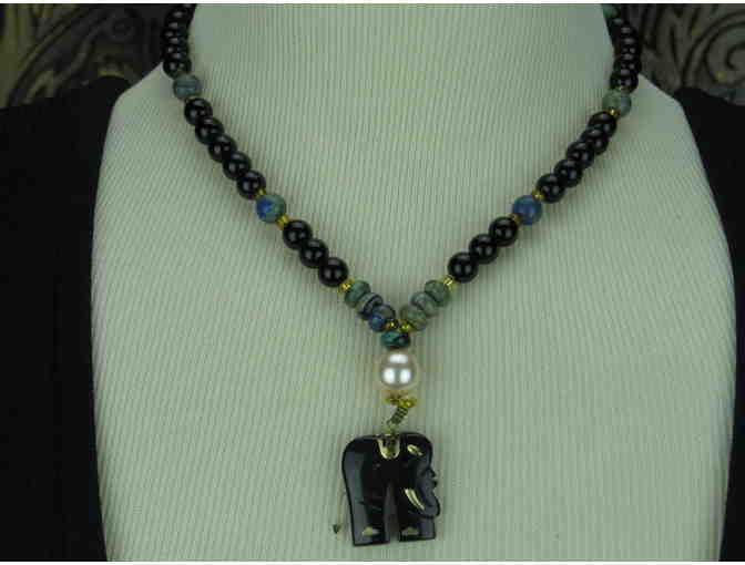 Delicate 1/Kind Necklace features Carved Elephant Pendant, Onyx, South Sea Shell Pearls!