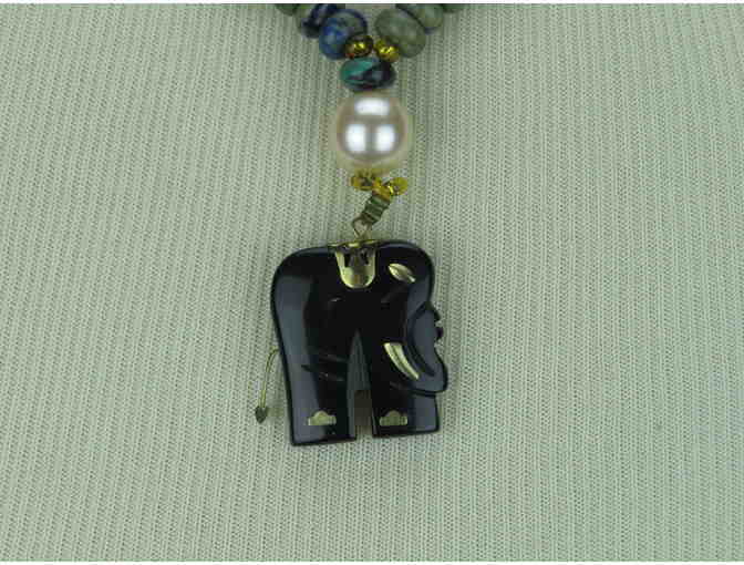 Delicate 1/Kind Necklace features Carved Elephant Pendant, Onyx, South Sea Shell Pearls!