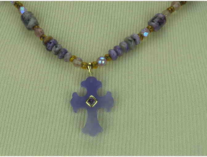 Exquisite Necklace w/Carved Lavender JADE Cross, Bezel Set Amethyst! 1/Kind, Handcrafted!