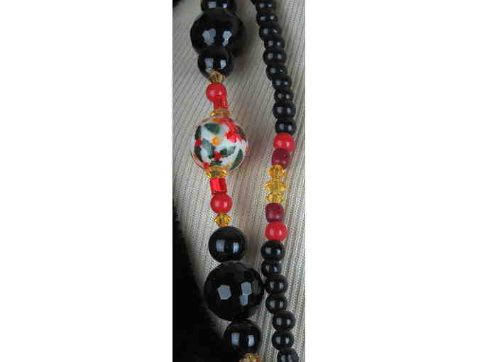 Coral, Obsidian and Onyx featured in this 1/KIND, Handcrafted GEMSTONE NECKLACE #342