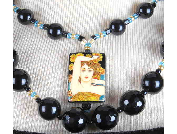 ! Gorgeous! 1/KIND GEMSTONE NECKLACE #406:  Features Hand Painted Artwork on ONYX!