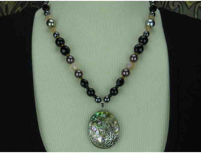 Magnificent Necklace w/ Puffed Paua Shell Pendant, Onyx, Hematite! 1/Kind Handcrafted!