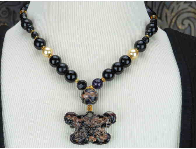 1/KIND Necklace features Beautiful Art Glass Butterfly drop and Genuine Black Onyx!