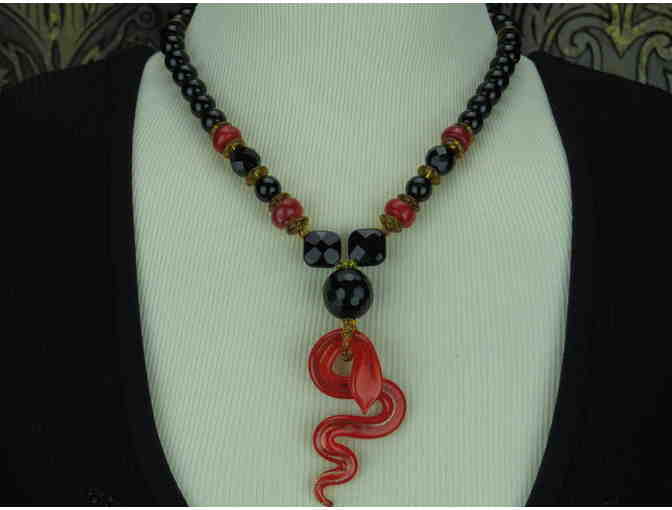 Lamp work glass snake pendant and Genuine Black ONYX featured in this 1/KIND NECKLACE !