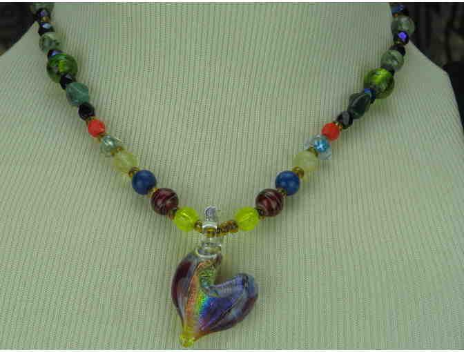 WHIMSICAL AND ROMANTIC NECKLACE w/Iridescent Art Glass Heart and gemstones! 1/Kind!