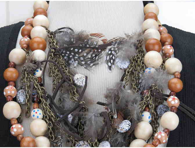 Handcrafted NATIVE NECKLACE W/ FEATHERS AND WOOD BEADS #220