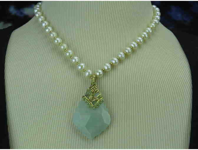 N16:  Carved Jade Enhancer on strand of Beautiful Pearls w/Gold Beads