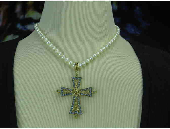 N6:  Exquisite Bold Enhancer Cross w/Blue Topaz, Diamonds, on Pristine White Pearls!