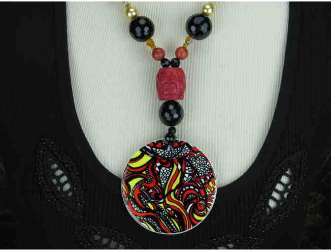 'JUMP INTO MY FIRE':  STUNNING Necklace w/Carved Cinnabar, Onyx and Porcelain ART PENDANT!