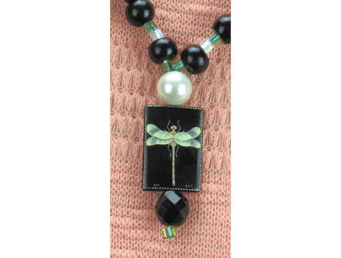 #889: 1/Kind Handcrafted Necklace with Semi Precious Gems, Pearls and Dragonfly on Onyx!