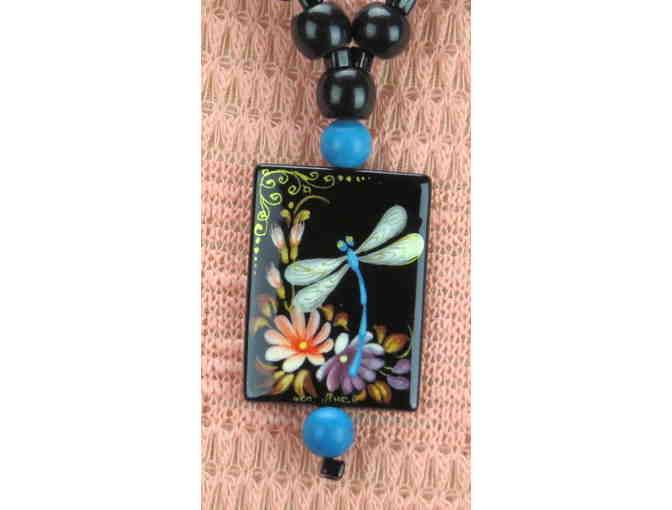#893: 1/Kind Handcrafted Necklace with Semi Precious Gems, Hand Painted Dragonfly on ONYX