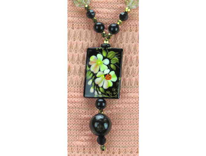 #816:  1/Kind Necklace with Semi Precious Gems and Hand Painted Onyx Focal Elements!
