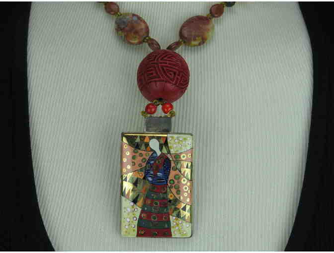 * UNFORGETTABLE 1/KIND NECKLACE w/Carved Cinnabar, Coral, Jasper, Sunstone &ART Pendant!