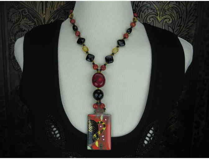 Unforgettable 1/Kind Necklace features Onyx, Citrine, Coral and Impressive Art Pendant!