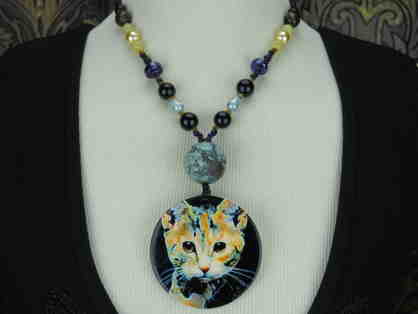"ARTY CAT": 1/Kind Fabulous w/Porcelain ART Pendant, Turquoise, Onyx, Yellow Jade +++