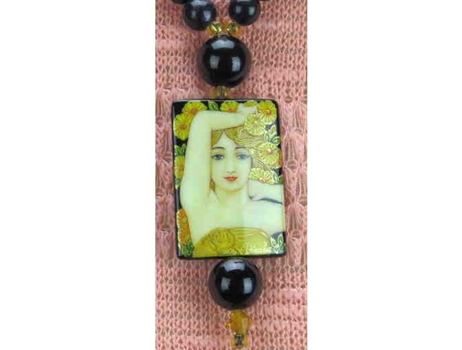 1/Kind Necklace with Semi Precious Gems! w/ Unique Art on Onyx Pendant! #740