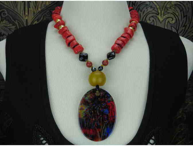 1/Kind! "Gemini" 1/Kind Statement Necklace: Amber, Coral, Onyx and  Porcelain Art Pendant! - Photo 1