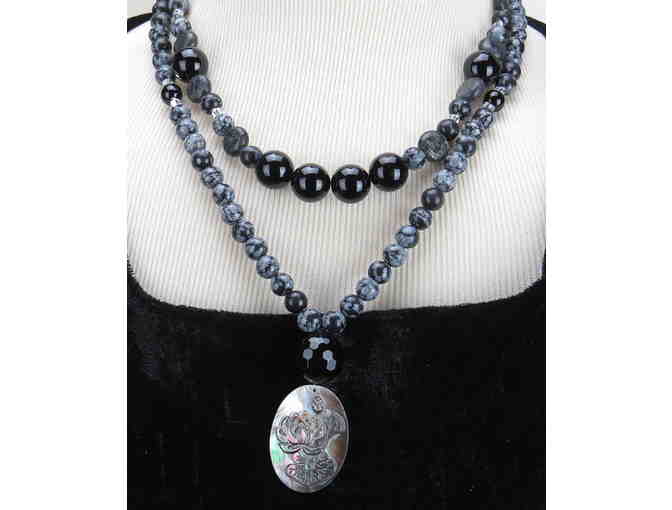Snowflake Obsidian, Onyx and Paua Sheel featured in this1/KIND GEMSTONE NECKLACE #334