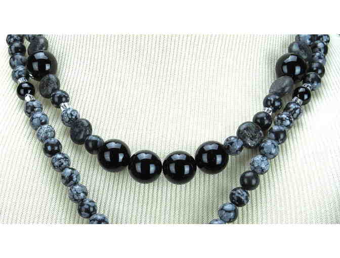 Snowflake Obsidian, Onyx and Paua Sheel featured in this1/KIND GEMSTONE NECKLACE #334