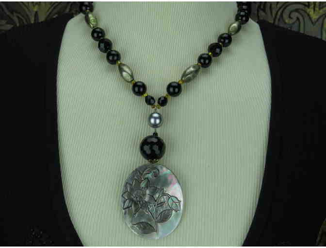 ROMANTIC FLORAL Carved Paua Shell Necklace w/Onyx and Hematite! 1/Kind, Handcrated!