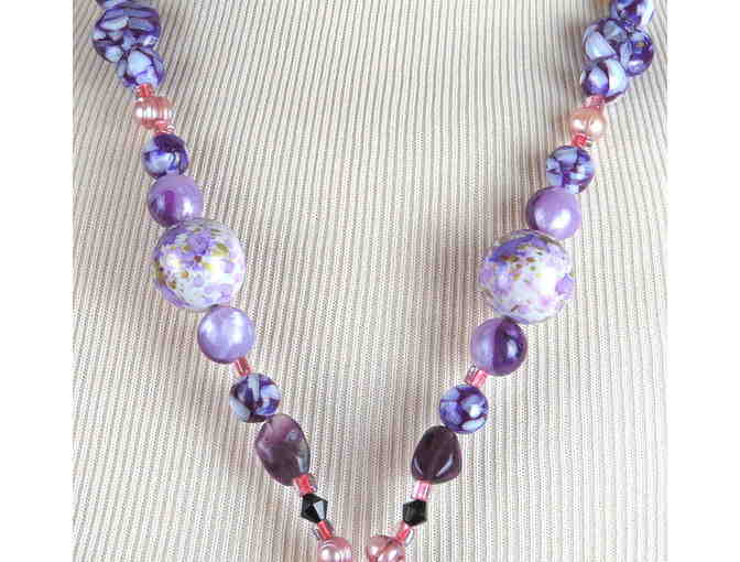 Amethyst, Mother Of Pearl are featured in this 1/KIND GEMSTONE NECKLACE #461