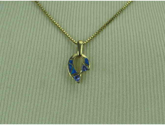 N5: Inlaid Australian Opal and Tanzanite Horseshoe Pendant on 14 kt fine gold chain