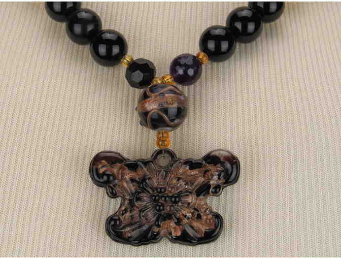 Romantic,1/KIND Necklace features Beautiful Art Glass Butterfly drop & Genuine Black Onyx!
