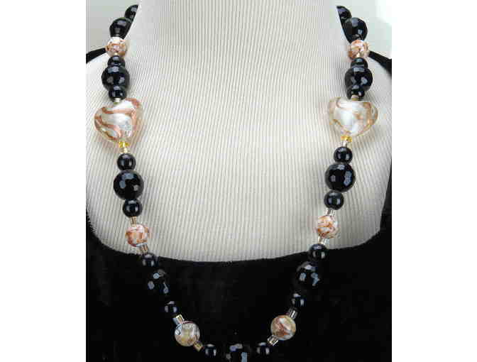 Romantic! GEMSTONE NECKLACE features Genuine Black Onyx and Artisan Hearts! #322