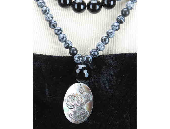 Snowflake Obsidian, Onyx and Paua Sheel featured in this1/KIND GEMSTONE NECKLACE #334