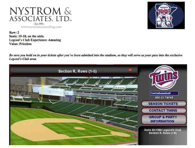 Minnesota Twins Legend's Club Experience - FOUR TICKETS TO GAME OF YOUR CHOICE
