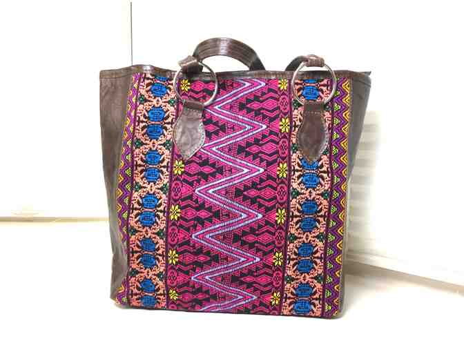 Leather tote with woven panels - Photo 1
