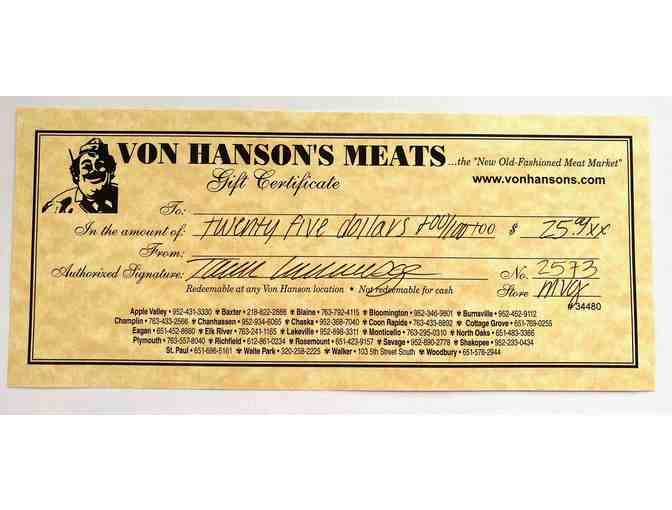 Gift Certificate: Von Hansen's Meats - $25