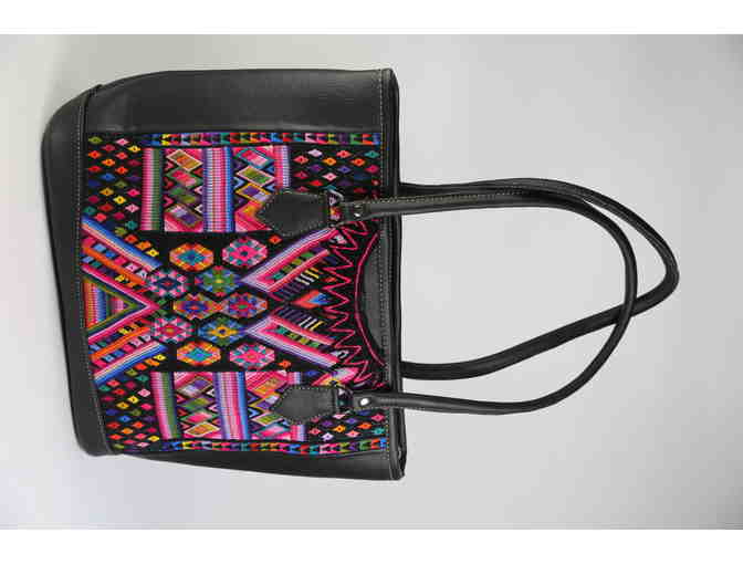 Black Leather Handbag with Indigenous Fabric