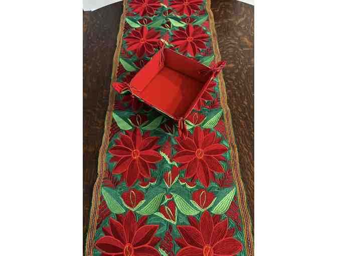 Beautiful Poinsettia table runner and fabric basket