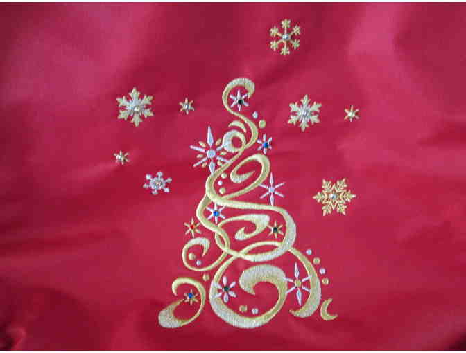 Red tote bag with gold embroidery