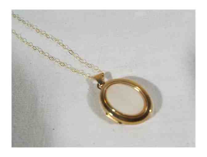 9 carat gold and mother of pearl oval locket with chain, approx weight 2.8 gm
