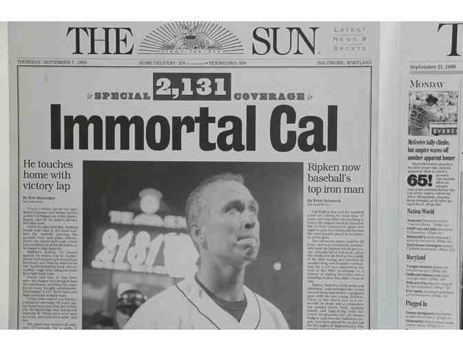 Two (2) Original Baltimore Sun Front Page Press Plates - Cal Ripken, Jr.!