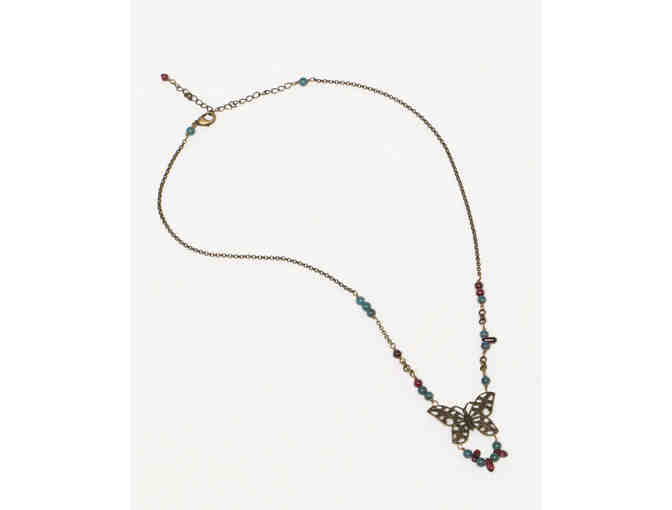 Heart Bead's Brass Butterfly Necklace with Garnet & Apatite Accents