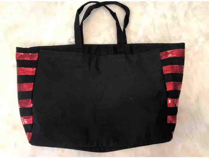 Victoria's Secret Red Sequined Kiss Black Canvas Tote Bag