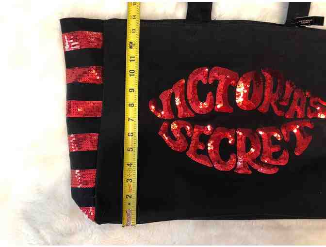 Victoria's Secret Red Sequined Kiss Black Canvas Tote Bag