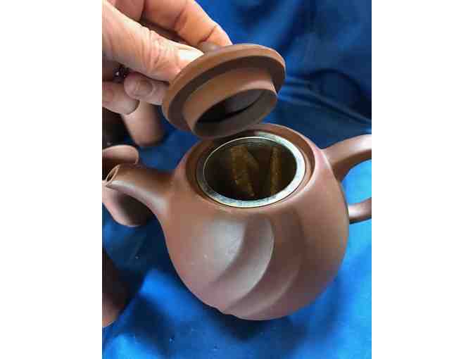 Brown Ceramic Tea Pot with Strainer and Six Tea Cups