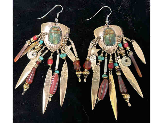TABRA Turquoise Scarab Dangle Earrings in Gold Metal Vintage