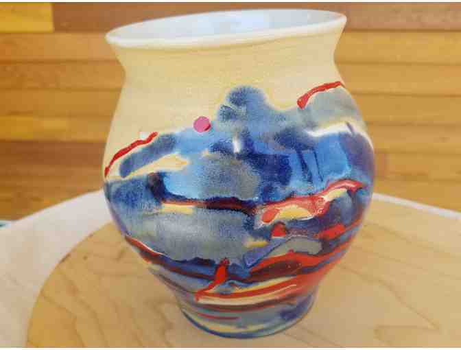 Vermont Pottery Works- Cream Vase with Blue and Red